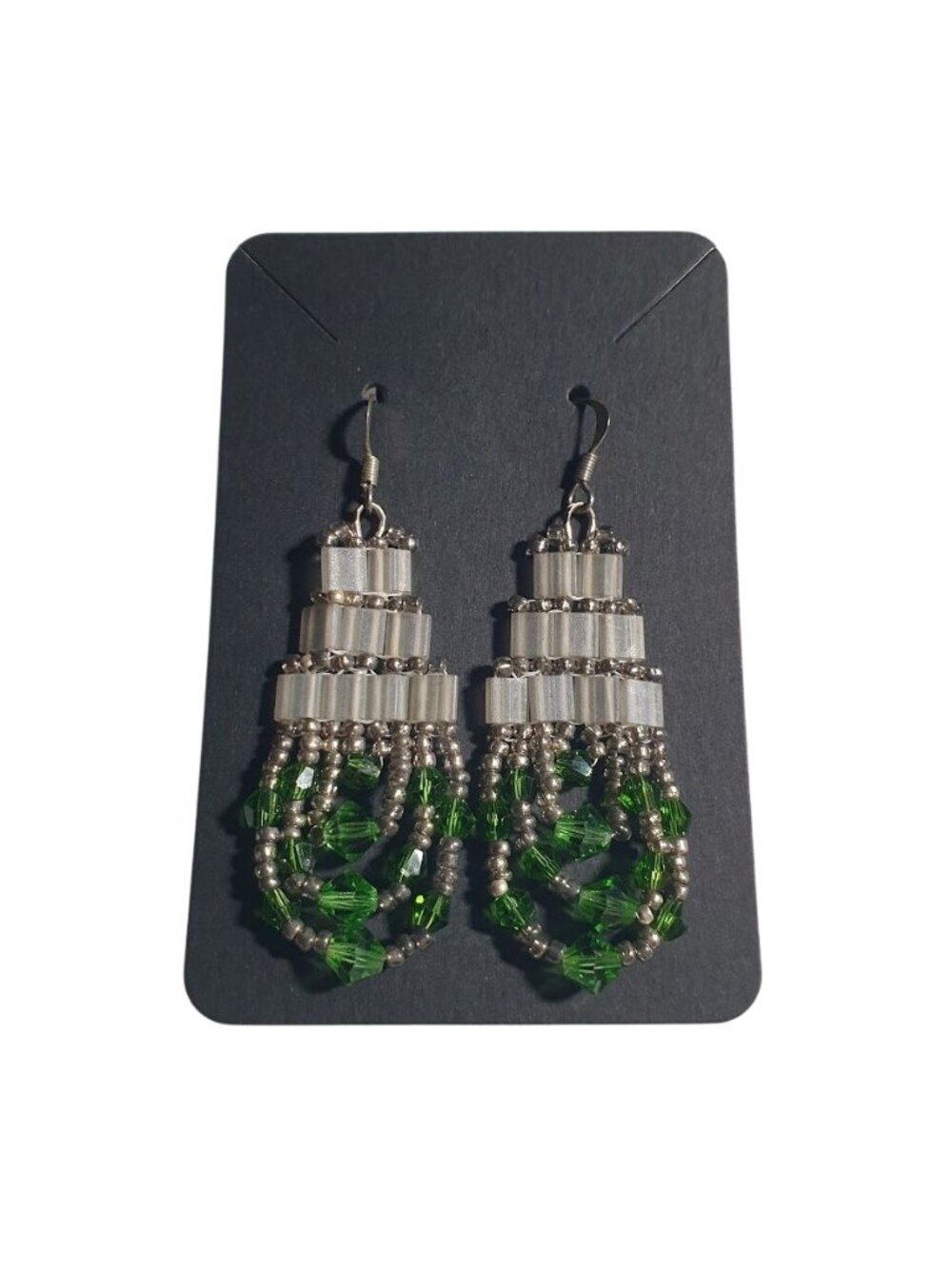 Beaded Dangle Earrings Green Crystal Silver Tone Hook Lightweight Jewelry Boho